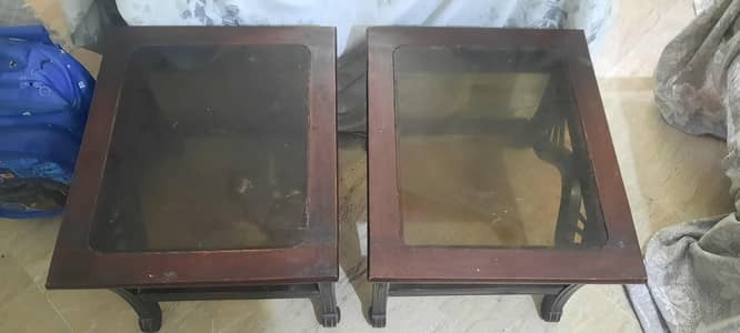 Wooden Glass Top Tables Set (Center Table + 2 Side Tables)
