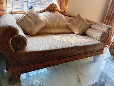 6 seater sofa set with centre table glass top slightly used