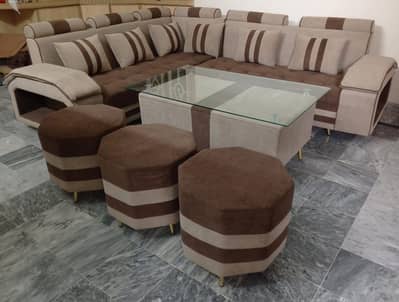 L type sofa set, 3 stools, 1 centre table
