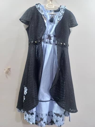 Girls Blue Checkered Frock with Black Crochet Overlay