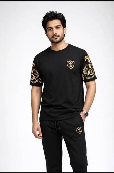 Men black royal printed tracksuit set cottonSummer light Weight