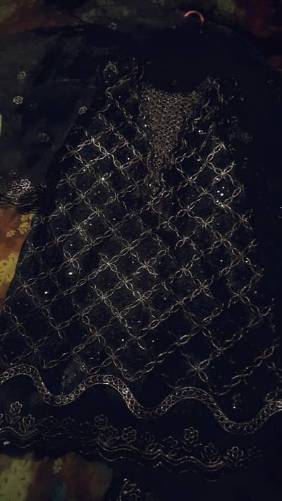 Elegant Black Organza Embroidered Shirt with Sharara (Small)