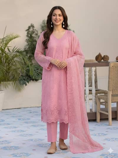 Elegant Powder Pink Embroidered Organza 3-Piece Suit