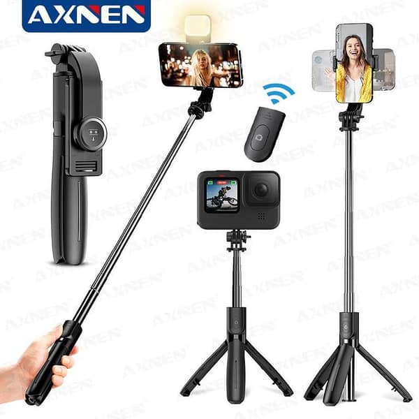 R1S 3-in-1 Bluetooth Selfie Stick with Tripod & Flash Light | Foldable Extendable Selfie Rod with Wireless Remote for Android, iPhone & Action Cameras