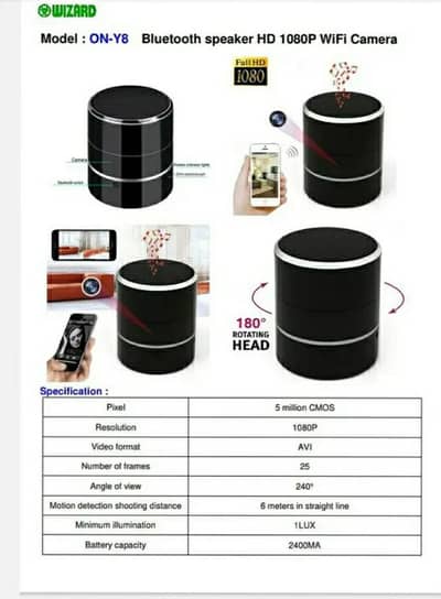 Y8 model Hidden 1080P HD WiFi Camera + Bluetooth Speaker  Model: Y8