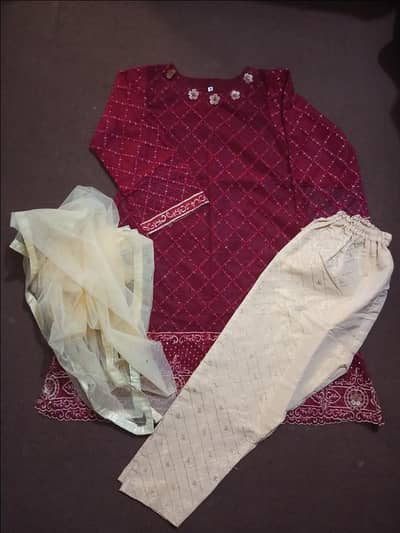 3 PC short frock with masoori trouser and net dupatta