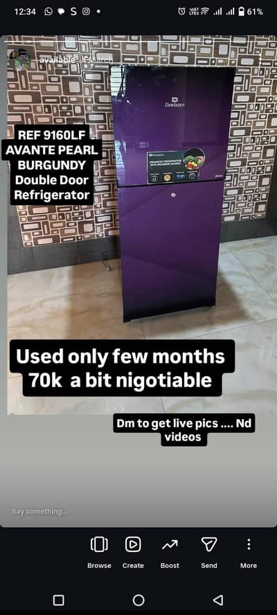 Dawlance 9160LF Avante Pearl Burgundy Double Door Fridge – Almost New