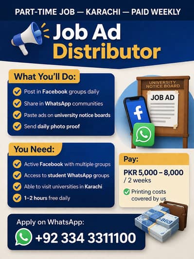 Title: Part-Time Job — Job Ad Distributor | Karachi | Paid Weekly
