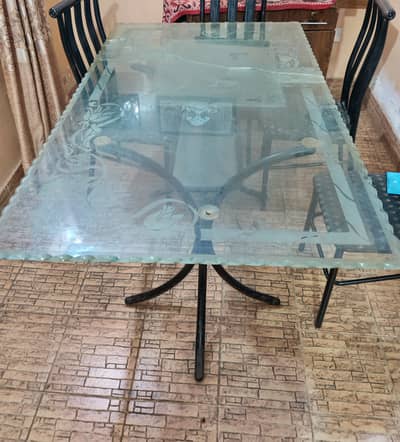 Dining Table with Chairs, Glass top, Iron base, 6 Chairs