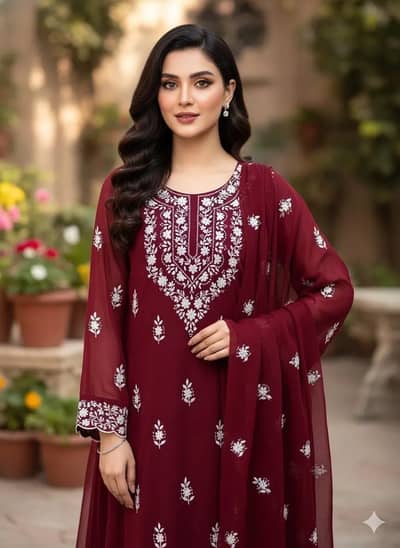 Maroon Chiffon Embroidered 2Pcs Women Suit