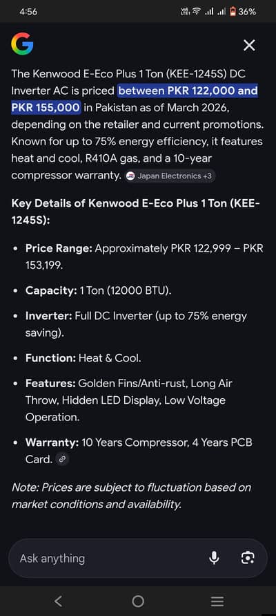 Kenwood inverter A/C 1 ton