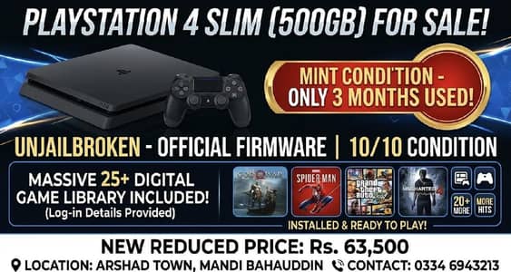 PS4 SLIM 500GB (3 Months Used) 25+ Digital Games(Spider-man,GOW,GTA V)