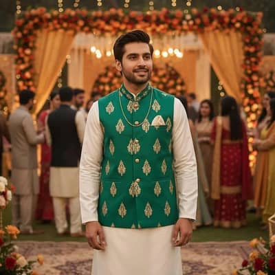 Men's Green Embroidered Waistcoat free home delivery cash on delivery
