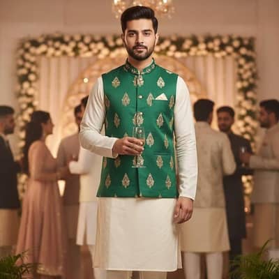 Men's Green Embroidered Waistcoat free home delivery cash on delivery