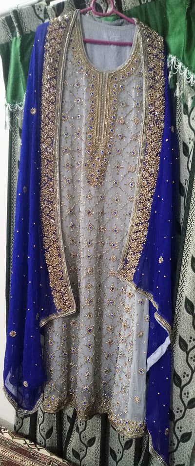 Bridal wedding dress-Light grey Maxi with Royal blue dopatta