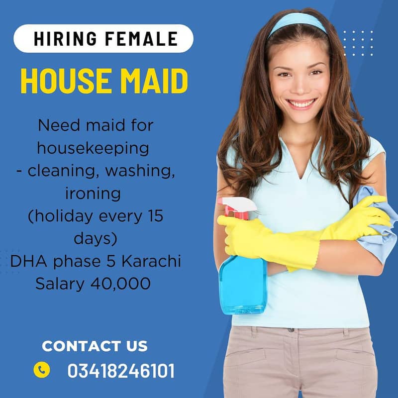 گھریلو کاموں کے لیے فیمیل ملازمہ کی ضرورت ہے ۔24 گھنٹے کے لیے ضرورت ہے 0