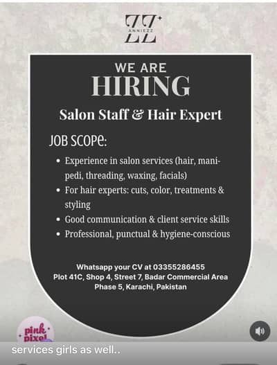 female Staff Required Hair Expert Services girls. .
