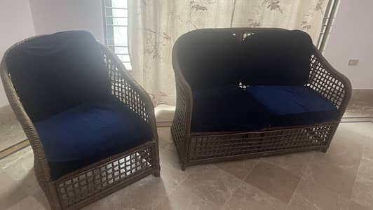 6 seater sofa set cane , wooden drawer table, side racks, large cabnet