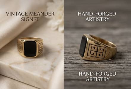 Vintage Gold & Onyx Signet Ring - Greek Key Design