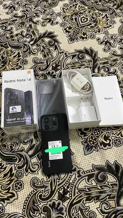 Redmi note 14 8 256 complete box charger back cover under warranty