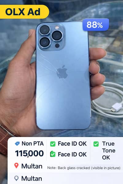 Apple iPhone 13 Pro Non PTA 88% Battery Face ID OK (Read Description)