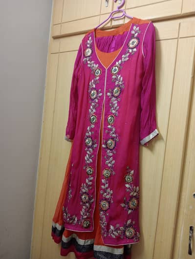Bright pink & orange long shirt 3 piece chifon