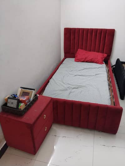 Premium velvet kids single beds with side table (Red and Black)