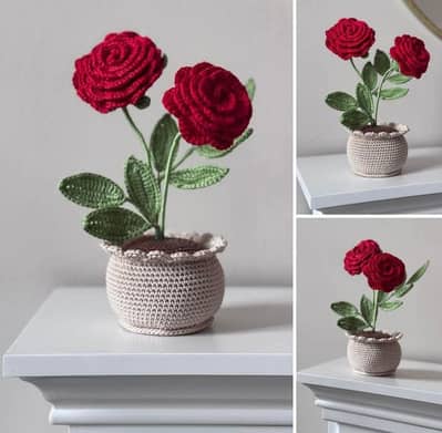 Handmade Crochet Rose Flower Pot  in wholesale price