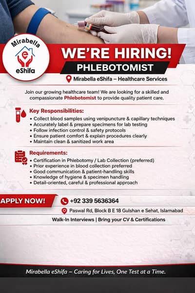 Phlebotomist Required for Mirabella E-Shifa Lab Islamabad