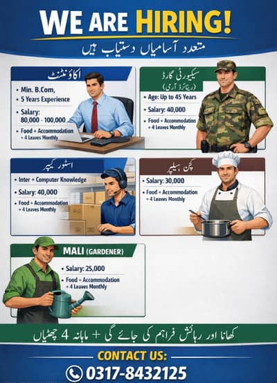 Accountant, store keeper, Army guard, Kitchen helper, Maali