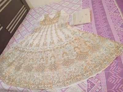 Beautiful 5-Layered Heavily Embroidered White & Gold Frock & Dupatta