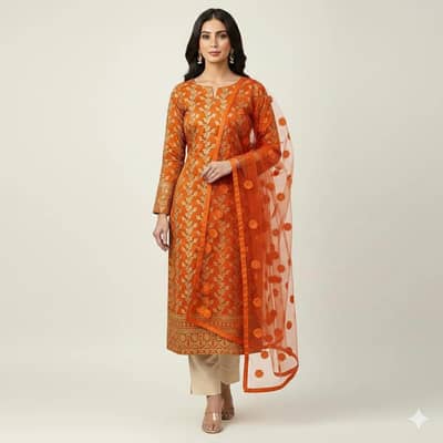 Orange Embroidered  Women's 3 Piece Suit Set Unstitshed
