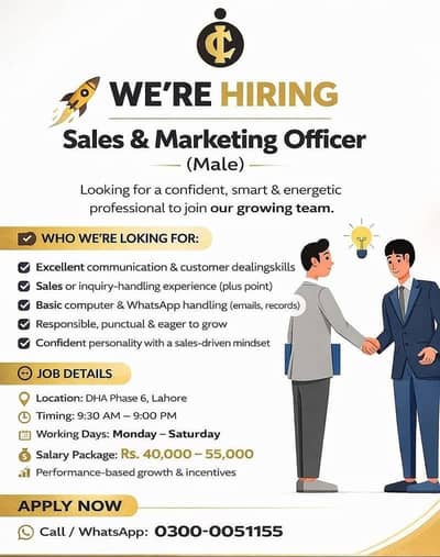 Sales & Inquiry Officer / Male Job / Urgent Staff Required / Sale Job