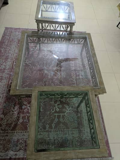 center table / tableset / heavy wooden tables / glass top tableset