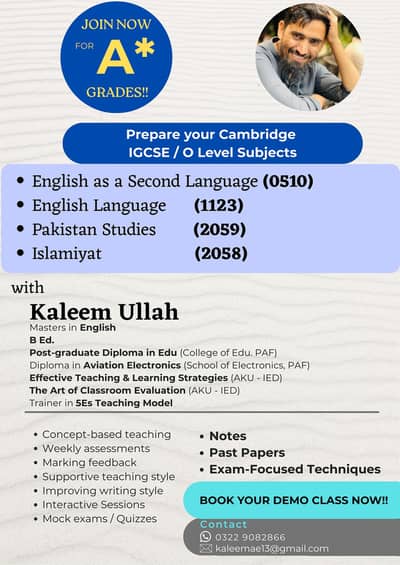 O Level / IGCSE Tuition available for English, Pakistan Studies & Isla