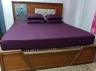Double Bed with Akhrot Wood Carvings & Velvet Headboard - Mix Wood