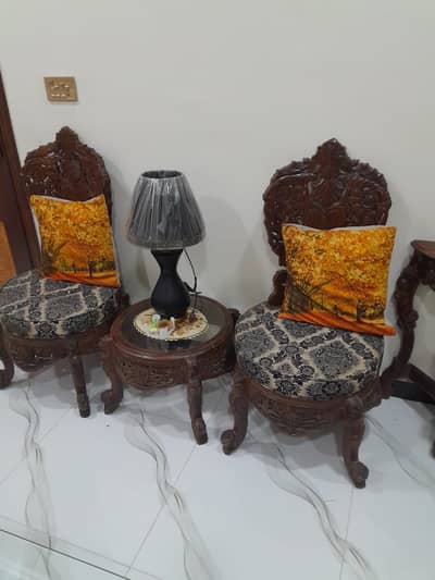 Antique Wooden Chairs Set with Side Table – Solid Carved Furniture