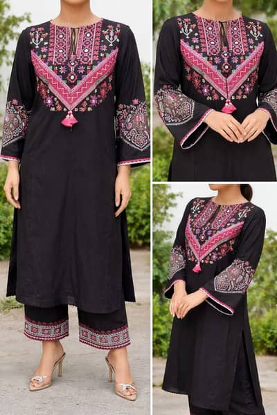 Elegant Black Embroided Kurta with Trousers (2PC)