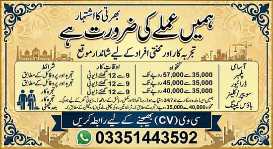 گھریلو ملازم , ڈرائیور, کلینر, اور پلمبر کی ضرورت ہے