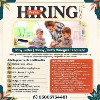 Baby Sitter / Nanny Required in Bahria Town Lahore (Live-In Job)
