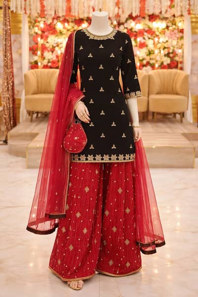 Elegant Black & Red Sharara Dress (3PC)