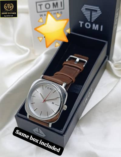 TOMI Gents Watch With Box — Brown Leather Strap