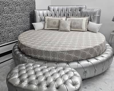 Silver Round Bed with Cushioned Headboard & Matching Stool