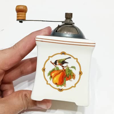 1970s Souvenir Ceramic Manual Coffee Grinder Featuring a Bird and Pear