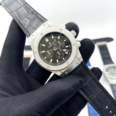 Hublot Men's Stainless Steel Chronograph Watch Black Leather Strap