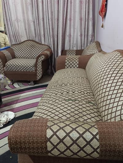 BROWN TEXTURED 7 SEATER SOFA SET -- LIKE NEW