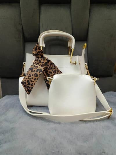 White PU Leather 2-Piece Women's Bag Set with Leopard Bow
