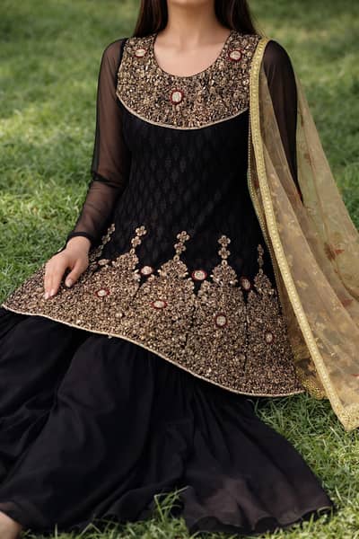 Black Luxury Embroidered Organza Outfit with Sharara – Large Size