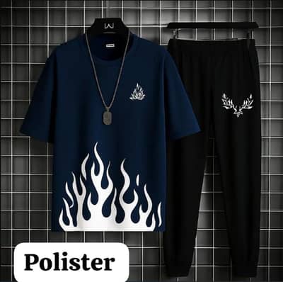 Men Blue Flame Graphic Track Suit 2Pcs Polyester