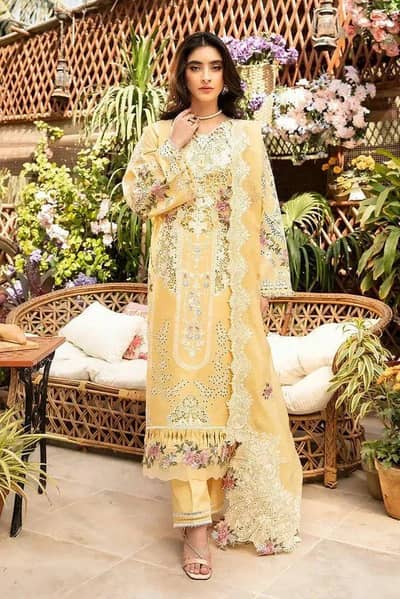 yellow chikankari 3 pcs lawn suit for party where